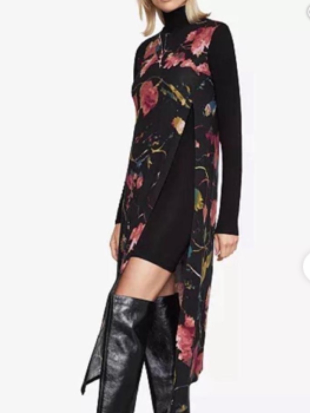 BCBGMAXAZRIA Floral Asymmetrical Midi Dress Black Long Sleeve, Large